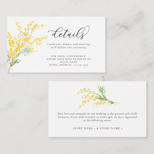 Gele lente Mimosa bloemen bruiloft details Informatiekaartje (Voorkant / Achterkant)