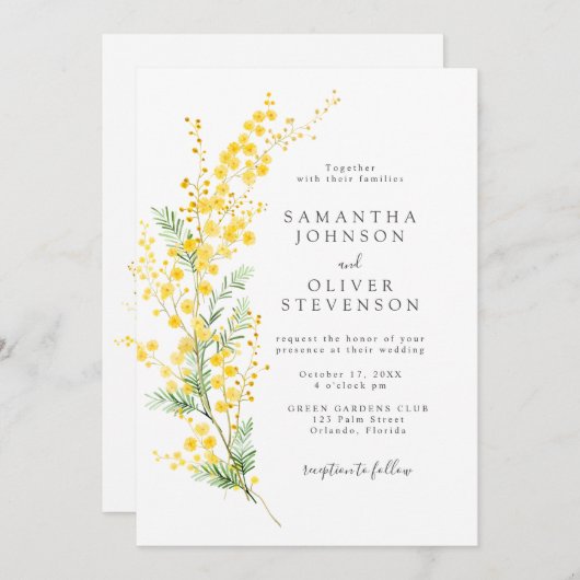 Gele lente Mimosa Wattle Bloemen Chic bruiloft Kaart (Voorkant / Achterkant)