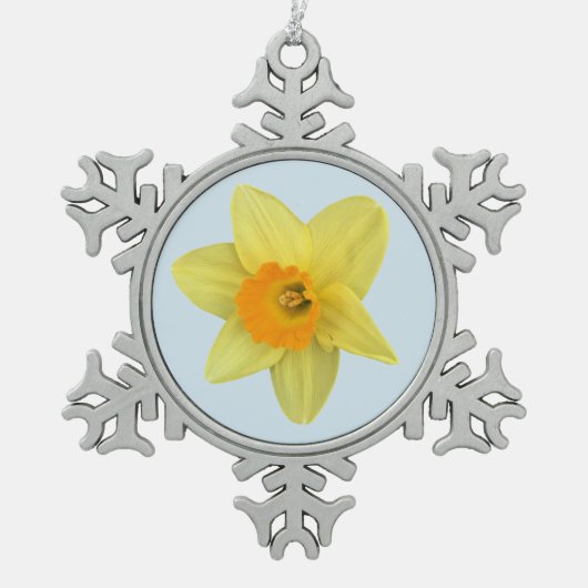 Gele lentesaffodil op Bleek blauw Tin Sneeuwvlok Ornament (Voorkant)