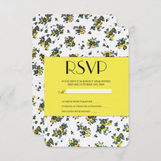 Gele lentevloeren op wit en geel papier RSVP kaartje (Voorkant / Achterkant)