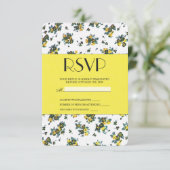 Gele lentevloeren op wit en geel papier RSVP kaartje (Staand voorkant)