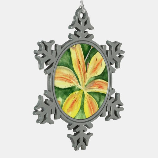 Gele leugens in de tuin tin sneeuwvlok ornament (Links)