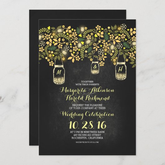 gele lichten mason jars floral chalkboard bruiloft kaart (Voorkant / Achterkant)