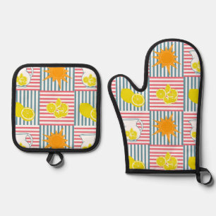 Gele lichtroze stroken ovenwant & pannenlap set