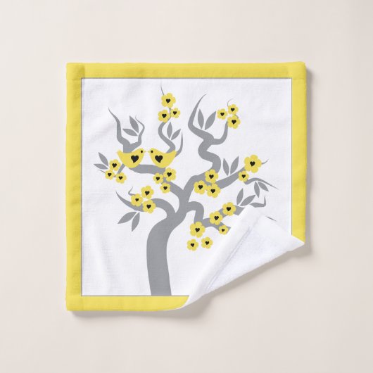 Gele liefdesvogels grijze kersenboom bloesems rand bad handdoek (Wasdoekje)