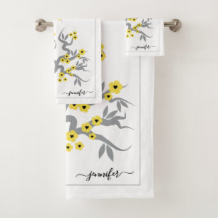 Gele liefdesvogels kersenboom bloesems rand bad handdoek