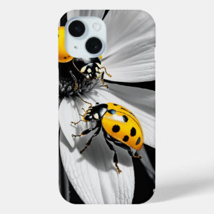 Gele lieveheersbeestje op zwarte witte bloem iPhone 15 case