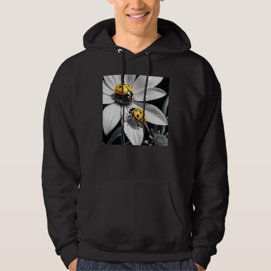 Gele lieveheersbeestje op zwarte witte bloem hoodie (Voorkant)