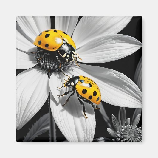 Gele lieveheersbeestje op zwarte witte bloem magneet (Voorkant)