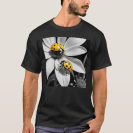Gele lieveheersbeestje op zwarte witte bloem t-shirt