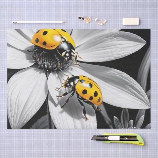 Gele lieveheersbeestje op zwarte witte bloem tissuepapier (Craft)