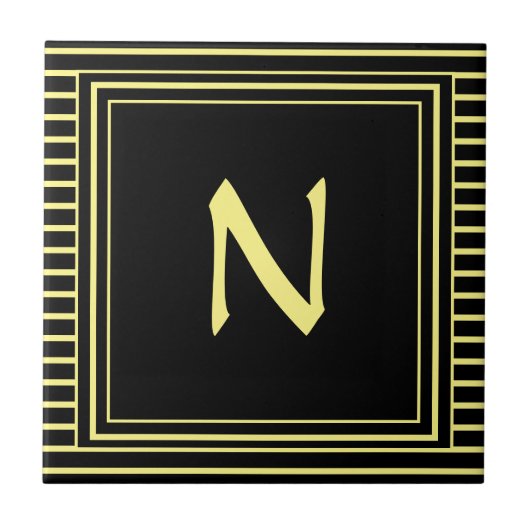 Gele lijst monogram letter N strepen Tegeltje (Voorkant)