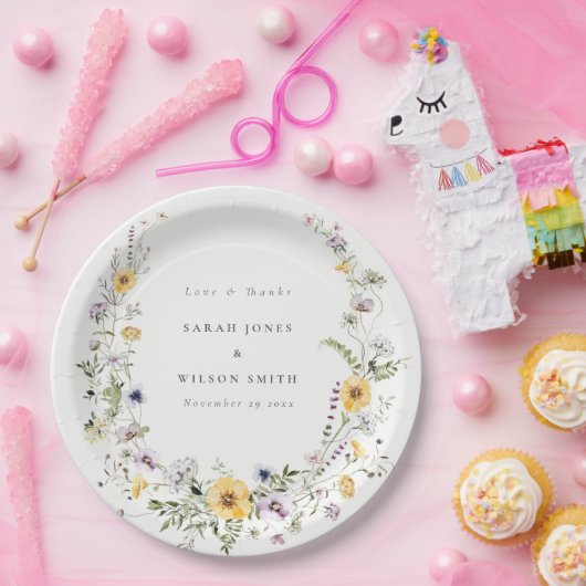 Gele Lila Wildbloem Wreath Weddenschap Hartelijk d Papieren Bordje (Feest)