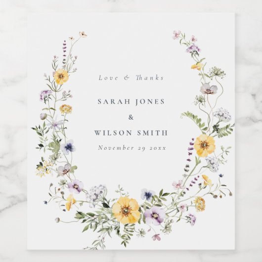 Gele Lila Wildbloem Wreath Weddenschap Hartelijk d Wijn Etiket (Enkel label)