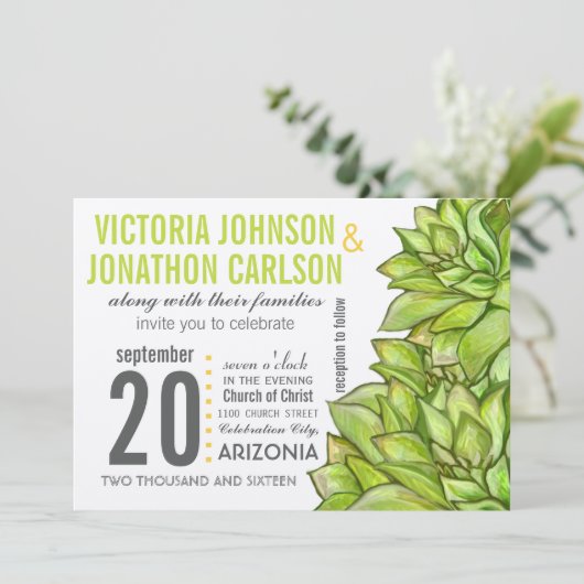 Gele Limoen Succulent Modern Typography Wedding Kaart (Staand voorkant)