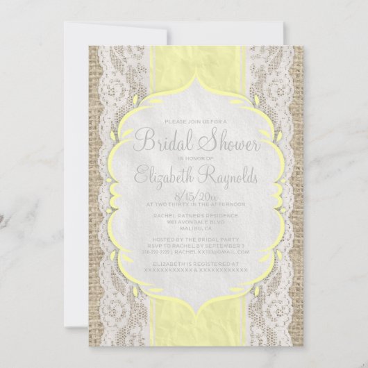 Gele Linen Burlap Lace Bridal Shower Invitations Kaart (Voorkant)