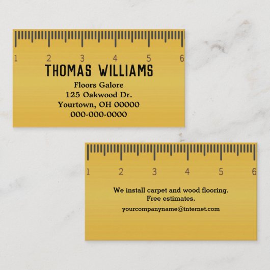 Gele liniaal voor tapijtzaken visitekaartje (Voorkant / Achterkant)