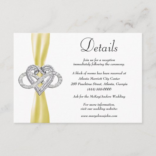 Gele Lint Infinity Hart Bruiloft Details Informatiekaartje (Voorkant)