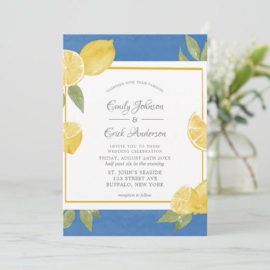 Gele luiers en blauwe Waterverf bruiloft Kaart (Staand voorkant)