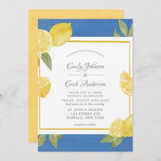 Gele luiers en blauwe Waterverf bruiloft Kaart (Voorkant / Achterkant)