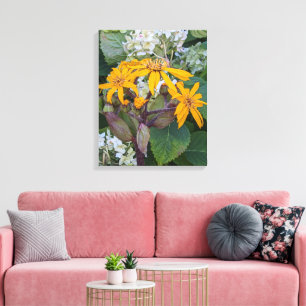 Gele Luipaardplant Bloemen en Hydrangea Bloemstuk Canvas Afdruk