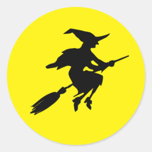 Gele maan en zwart vliegende heks Halloween Ronde Sticker