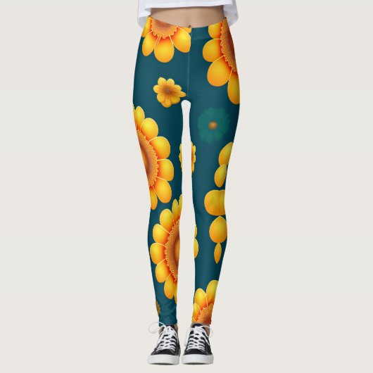 Gele madeliefjes blauwe achtergrond botanische pat leggings (Voorkant)
