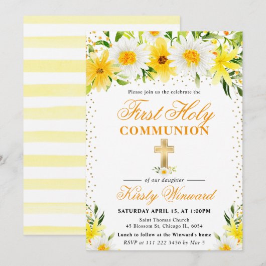 Gele madeliefjes Bloemen Eerste Heilige Communie Kaart (Voorkant / Achterkant)