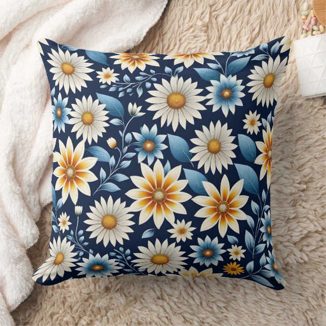 Gele madeliefjes en blauw bloemenpatroon kussen (Deken)