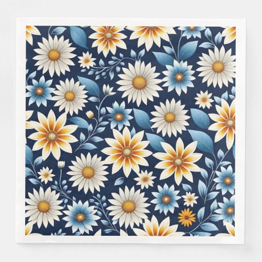 Gele madeliefjes en blauw bloemenpatroon servet (Voorkant)