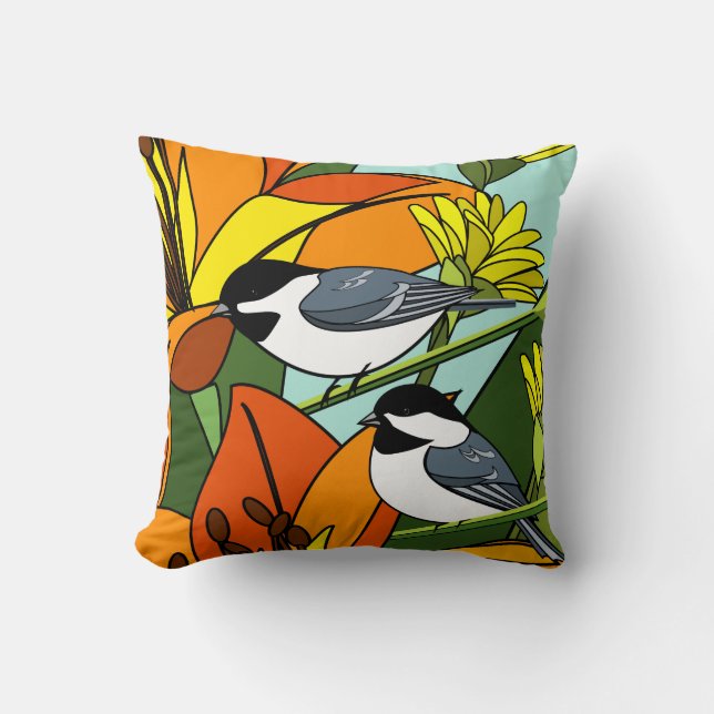 Gele madeliefjes en chickadees kussen (Voorkant)