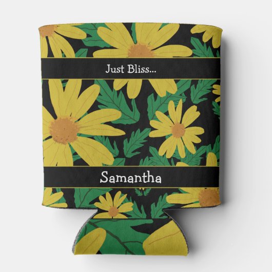 Gele madeliefjes met groene bladeren blikjeskoeler (Achterkant)