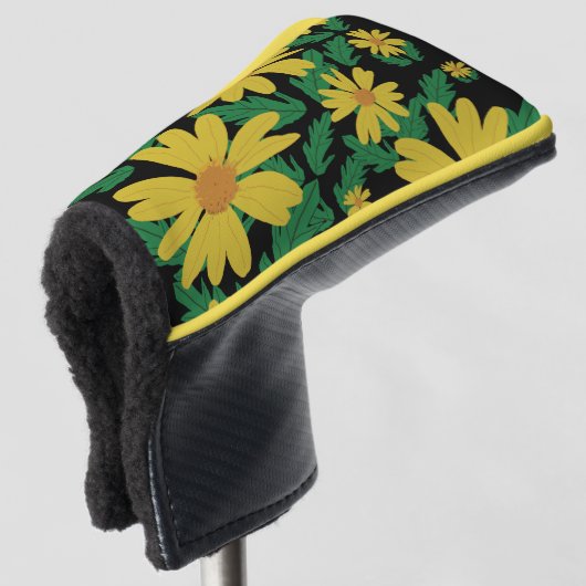 Gele madeliefjes met groene bladeren golfheadcover (3/4 voorkant)
