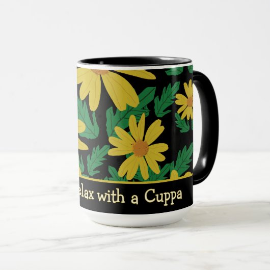 Gele madeliefjes met groene bladeren mok (Voorkant rechts)