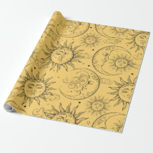 Gele Magie Vintage Hemels Zon Maan Sterren Cadeaupapier
