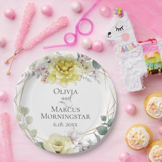 Gele Magnolia en pioenroos zomerhuwelijk Papieren Bordje (Feest)