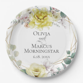 Gele Magnolia en pioenroos zomerhuwelijk Papieren Bordje