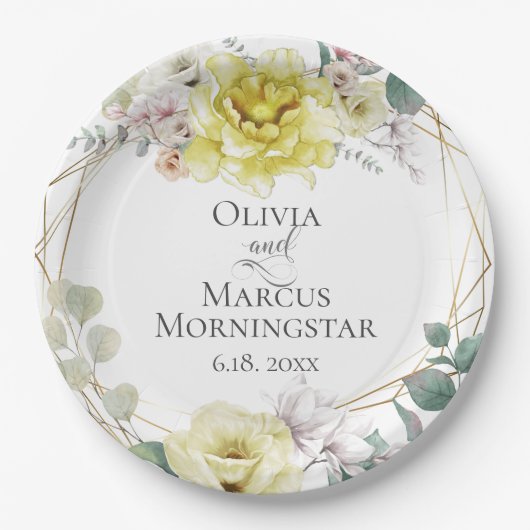 Gele Magnolia en pioenroos zomerhuwelijk Papieren Bordje (Voorkant)