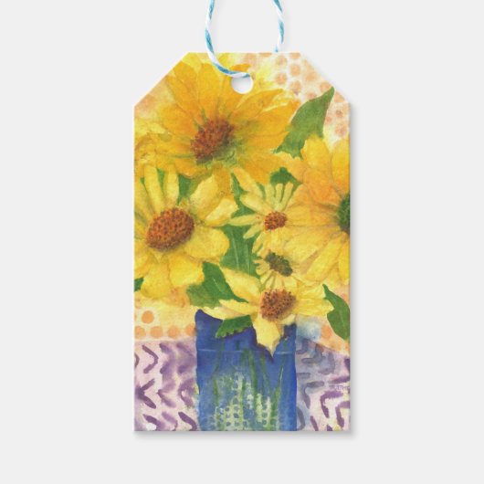 gele maissoorten in blauwe vaas cadeaulabel (Voorkant)