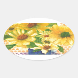 gele maissoorten in blauwe vaas ovale sticker