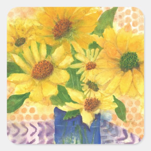 gele maissoorten in blauwe vaas vierkante sticker (Voorkant)