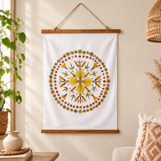 Gele Mandala Geperste Bloem Van Originele Kunst Hangend Wandkleed