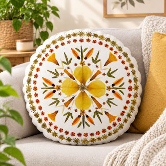 Gele Mandala Geperste Bloem Van Originele Kunst Rond Kussen