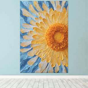 Gele margriet met blauwe achtergrond getextureerd canvas afdruk