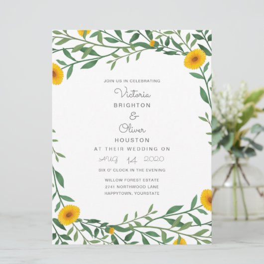 Gele Marigold Bloemen Huwelijksuitnodigingen Kaart (Staand voorkant)