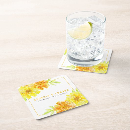 Gele marigoldbloembruiloft kartonnen onderzetters (Insitu)