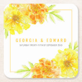Gele marigoldbloembruiloft kartonnen onderzetters (Voorkant)