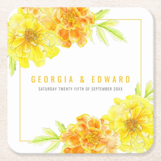 Gele marigoldbloembruiloft kartonnen onderzetters (Voorkant)