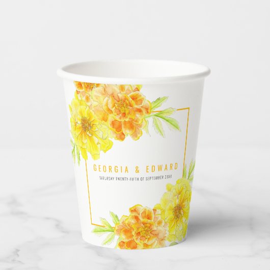 Gele marigoldbloembruiloft papieren bekers (Voorkant)
