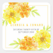 Gele marigoldbloembruiloft vierkante sticker (Voorkant)